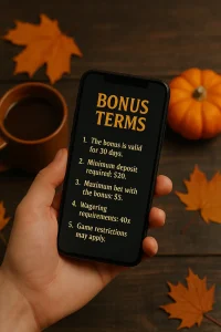 smartphone displaying bonus terms list with autumn decorations nearby