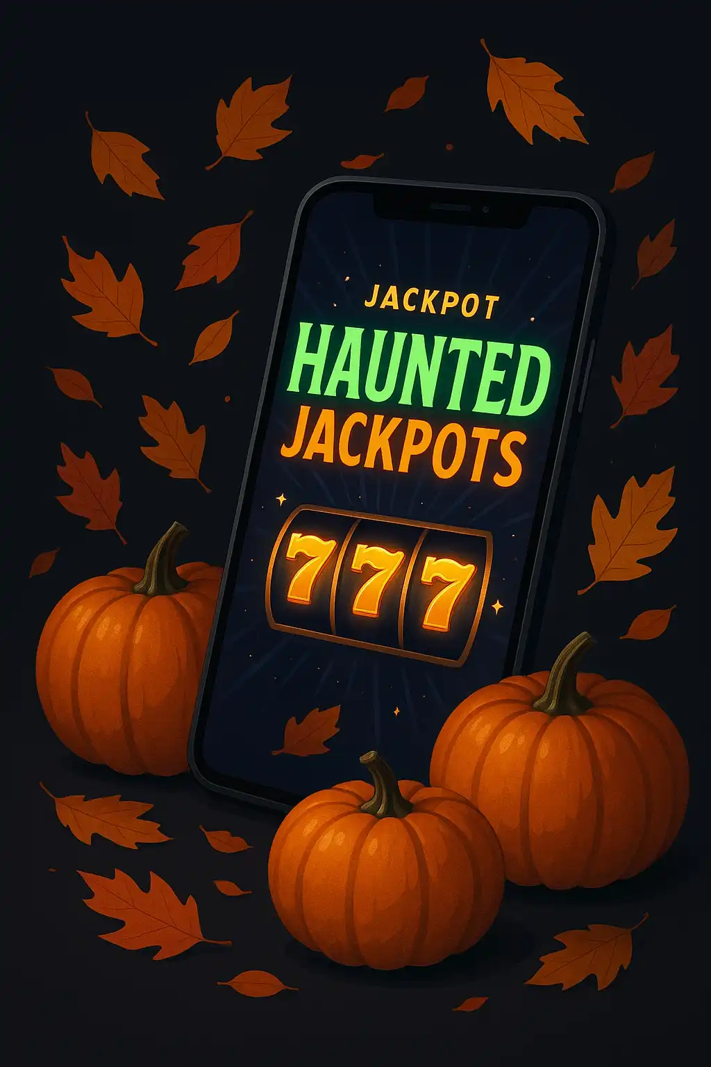 mobile device showing haunted jackpot promotion with autumn leaves and pumpkins